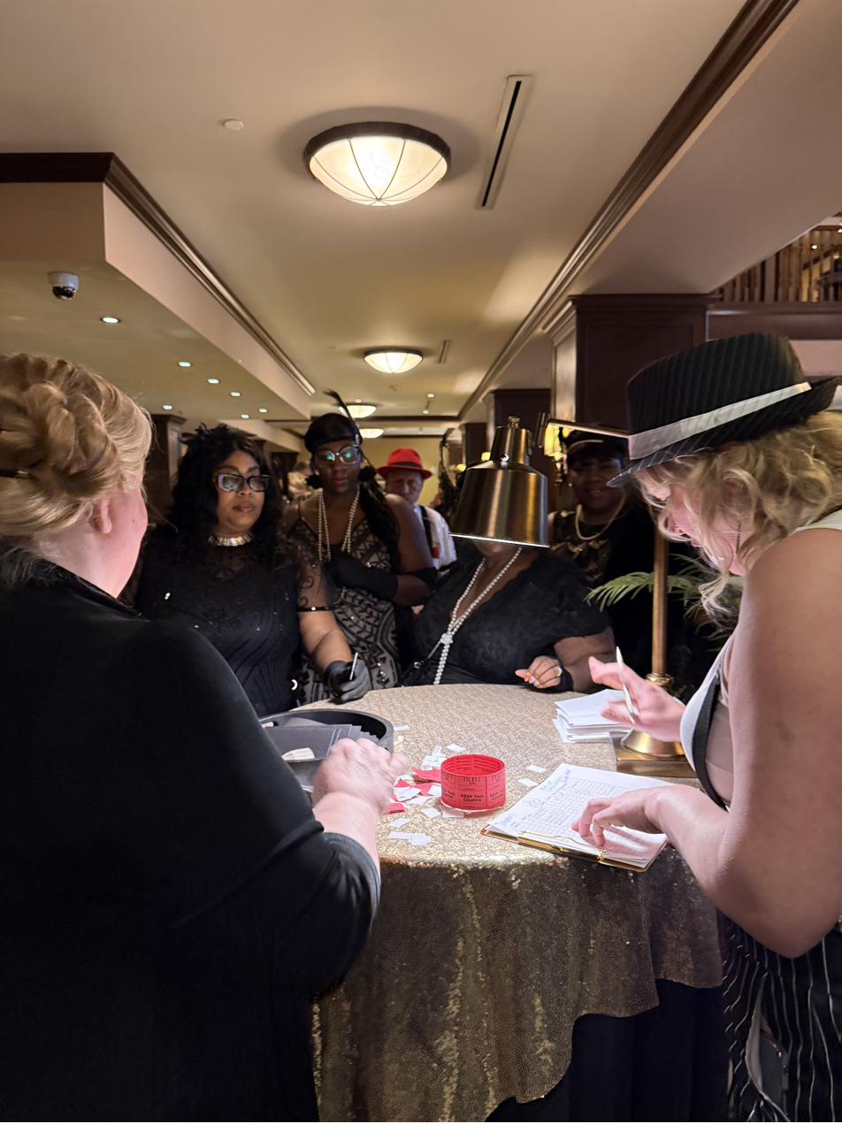Guest check-in with period costumes